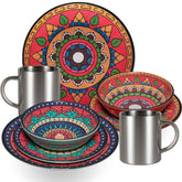 Melamin Geschirr Set Toskana Deep für 2 Personen - 8 Teile - Rot-Grün - mit Edelstahl Thermo Tassen Mandala-Optik Spülmaschinengeeignet Essgeschirr Campingzubehör Campinggeschirr Wohnwagen Camping