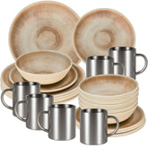 Melamin Geschirr Set Jesolo Sand für 6 Personen - 24 Teile - mit Edelstahl Thermo Tassen Steingutoptik Spülmaschinengeeignet Essgeschirr Campingzubehör Campinggeschirr Wohnwagen Camping Festival Picknick Gartenparty