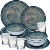 PRODUKTSET - 33414+33000 - Hummelladen Melamingeschirrset Mondgranit mit Trinkglas Klar 250ml 4 Personen