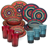 Melamin Geschirr Set Toskana Deep für 6 Personen - 24 Teile Rot-Grün - Mandala-Optik mit farblich passenden Trinkgläsern 400 ml Campinggeschirr