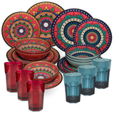Melamin Geschirr Set Toskana Deep für 6 Personen - 24 Teile Rot-Grün - Mandala-Optik mit farblich passenden Trinkgläsern 400 ml Campinggeschirr