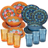 Melamin Geschirr Set Toskana Pastel für 6 Personen - 24 Teile - Orange-Blau - Mandala-Optik mit farblich passenden Trinkgläsern 400 ml aus Acryl Spülmaschinengeeignet Campinggeschirr