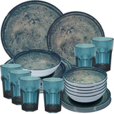 Melamin Geschirr Set Mondgranit Blau-Grau für 6 Personen - 24 Teile - mit blauen Trinkgläsern 400ml Steingutoptik Spülmaschinengeeignet Essgeschirr Campingzubehör Campinggeschirr Wohnwagen Camping