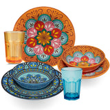 Melamin Geschirr Set Toskana Pastel für 2 Personen - 8 Teile - Orange-Blau - Mandala-Optik mit farblich passenden Trinkgläsern 400 ml aus Acryl Campinggeschirr