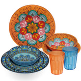 Melamin Geschirr Set Toskana Pastel für 2 Personen - 8 Teile - Orange-Blau - Mandala-Optik mit farblich passenden Trinkgläsern 450 ml aus Acryl Campinggeschirr