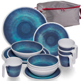 Melamin Geschirr Set Jesolo Blau für 4 Personen - 17 Teile - mit Tassen und Aufbewahrungstasche Steingutoptik Campinggeschirr