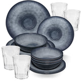 Melamin Geschirr Set Jesolo Grau für 4 Personen - 16 Teile - mit Trinkglas 250 ml klar - Steingutoptik - Campinggeschirr