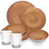 Melamin Geschirr Set Bambi Braun für 2 Personen - 8 Teile mit klaren Trinkgläsern 360 ml aus Acryl Steingutoptik Campinggeschirr