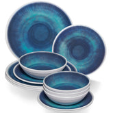 Melamin Geschirr Set Jesolo Blau für 4 Personen - 12 Teile - Steingutoptik Campinggeschirr