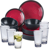 Melamin Geschirr Set Rot für 6 Personen 24 Teile mit Trinkglas klar Tonoptik - Essgeschirr Acryl Wasserglas - Campinggeschirr
