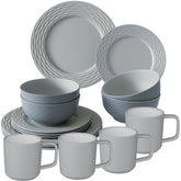 Melamin Geschirrset für 4 Personen - 16 Teile elegante Steingut Optik in Grau - mit 90°C-Tassen aus ABS-Kunstsoff mit Antislip - Campinggeschirr Geschirrset Tafelgeschirr Spülmaschinengeeignet Camping