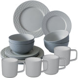 Melamin Geschirrset für 4 Personen - 16 Teile elegante Steingut Optik in Grau - mit 90°C-Tassen aus ABS-Kunstsoff mit Antislip - Campinggeschirr Geschirrset Tafelgeschirr Spülmaschinengeeignet Camping