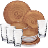 Melamin Geschirr Set Bambi Braun für 4 Personen - 16 Teile mit klaren Trinkgläsern 460 ml aus Acryl Steingutoptik Campinggeschirr