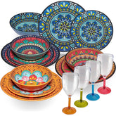 Melamin Geschirr Set Toskana für 4 Personen - 16 Teile - BUNT - Mandala-Optik mit farblich passenden Weingläsern 290 ml aus Acryl Campinggeschirr