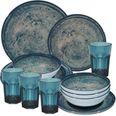 Melamin Geschirr Set Mondgranit Blau-Grau für 4 Personen - 16 Teile - mit blauen Trinkgläsern 400ml Steingutoptik Spülmaschinengeeignet Essgeschirr Campingzubehör Campinggeschirr Wohnwagen Camping