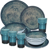 PRODUKTSET - 33414+30666 - Hummelladen Melamingeschirrset Mondgranit mit Trinkglas Blau 400 ml 4 Personen