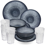 Melamin Geschirr Set Jesolo Grau für 4 Personen - 16 Teile - mit Trinkglas klar 630 ml Steingutoptik Campinggeschirr