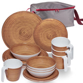 Melamin Geschirr Set Bambi Braun für 4 Personen - 17 Teile mit stapelbaren Tassen und Tasche Holzoptik Essgeschirr Campinggeschirr