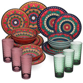 Melamin Geschirr Set Toskana Deep für 6 Personen - 24 Teile Rot-Grün - Mandala-Optik mit farblich passenden Trinkgläsern 260 ml Campinggeschirr