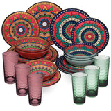 Melamin Geschirr Set Toskana Deep für 6 Personen - 24 Teile Rot-Grün - Mandala-Optik mit farblich passenden Trinkgläsern 260 ml Campinggeschirr