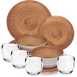 Melamin Geschirr Set Bambi Braun für 4 Personen - 16 Teile mit klaren Trinkgläsern 400 ml aus Acryl Steingutoptik Campinggeschirr