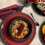 Melamin Geschirr Set Rot Schwarz für 6 Personen 24 Teile mit Edelstahl Thermo Tassen doppelwandig - Tonoptik Essgeschirr - Campinggeschirr Picknick ideal für Camping modern Outdoor