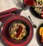 Melamin Geschirr Set Rot für 2 Personen 8 Teile mit Trinkglas grau Tonoptik - Essgeschirr Acryl Wasserglas - Campinggeschirr