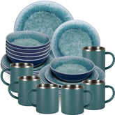 Melamin Geschirr Set Adria Blue für 6 Personen - 24 Teile Blau - mit Edelstahl Thermo Tassen Steingutoptik Essgeschirr Campingzubehör Campinggeschirr Wohnwagen Camping Festival Picknick Gartenparty