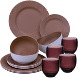 Melamin Geschirrset für 4 Personen - 16 Teile elegante Steingut Optik im warmen Rosé Ton - mit buntem Trinkglas 400ml - Campinggeschirr Geschirrset Tafelgeschirr Spülmaschinengeeignet Outdoor Camping