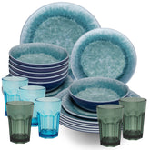 Melamin Geschirr Set Adria Blue für 6 Personen - 24 Teile Blau - mit farblich passenden Trinkgläsern 400 ml aus Acryl Steingutoptik Campinggeschirr
