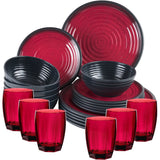 Melamin Geschirr Set für 6 Personen 24 Teile mit Trinkglas rot schwarz Tonoptik - Essgeschirr Acryl Wasserglas - Campinggeschirr