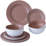 Melamin Geschirrset für 4 Personen - 12 Teile elegante Steingut Optik im warmen Rosé Ton - Campinggeschirr Geschirrset Tafelgeschirr Spülmaschinengeeignet Tableware Outdoor Camping