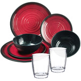 Melamin Geschirr Set Rot Schwarz für 2 Personen 8 Teile mit Trinkglas klar Tonoptik - Essgeschirr Acryl Wasserglas - Campinggeschirr