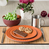 Melamin Geschirrset für 4 Personen - 16 Teile elegante Steingut Optik in Terracotta-Rot - mit Edelstahl Thermo Tassen - Campinggeschirr Geschirrset Tafelgeschirr Spülmaschinengeeignet Tableware Outdoor Camping