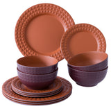 Melamin Geschirrset für 4 Personen - 12 Teile elegante Steingut Optik in Terracotta-Rot - Campinggeschirr Geschirrset Tafelgeschirr Spülmaschinengeeignet Tableware Outdoor Camping