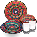 Melamin Geschirr Set Toskana Deep für 2 Personen - 8 Teile - Rot-Grün - Mandala-Optik mit klaren Trinkgläsern 320 ml Campinggeschirr