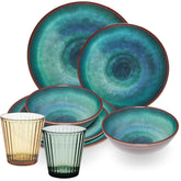 Melamin Geschirr Set Jesolo Grün für 2 Personen - 8 Teile - mit farblich passenden Trinkgläsern 360ml aus Acryl - Steingutoptik Spülmaschinengeeignet - Campingzubehör Campinggeschirr Wohnwagen Camping