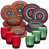 Melamin Geschirr Set Toskana Deep für 6 Personen - 24 Teile Rot-Grün - Mandala-Optik mit farblich passenden Trinkgläsern 320 ml Campinggeschirr