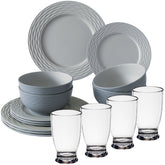 Melamin Geschirrset für 4 Personen - 16 Teile elegante Steingut Optik in Grau - mit klarem Trinkglas 380ml - Campinggeschirr Geschirrset Tafelgeschirr Spülmaschinengeeignet Tableware Outdoor Camping
