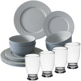 Melamin Geschirrset für 4 Personen - 16 Teile elegante Steingut Optik in Grau - mit klarem Trinkglas 380ml - Campinggeschirr Geschirrset Tafelgeschirr Spülmaschinengeeignet Tableware Outdoor Camping