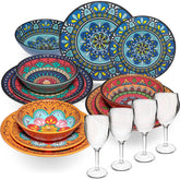 Melamin Geschirr Set Toskana für 4 Personen - 16 Teile - BUNT - Mandala-Optik mit klaren Weingläsern 290 ml aus Acryl Campinggeschirr