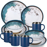 Melamin Geschirr Set Lagune für 4 Personen - 16 Teile - mit Edelstahl Thermo Tassen Steingutoptik Spülmaschinengeeignet Essgeschirr Campingzubehör Campinggeschirr Wohnwagen Camping Festival Picknick Gartenparty