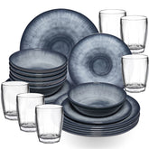 Melamin Geschirr Set Jesolo Grau für 6 Personen - 24 Teile - mit klarem Trinkglas 320ml - aus Acryl Steingutoptik Spülmaschinengeeignet Campingzubehör Campinggeschirr Wohnwagen Camping Festival