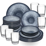 Melamin Geschirr Set Jesolo Grau für 6 Personen - 24 Teile - mit klarem Trinkglas 320ml - aus Acryl Steingutoptik Spülmaschinengeeignet Campingzubehör Campinggeschirr Wohnwagen Camping Festival