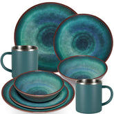 Melamin Geschirr Set Jesolo Grün für 2 Personen - 8 Teile - mit Edelstahltassen Steingutoptik Spülmaschinengeeignet Campinggeschirr Wohnwagen Camping Festival