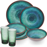 Melamin Geschirr Set Jesolo Grün für 2 Personen - 8 Teile - Trinkglas 260 ml grün - Steingutoptik Spülmaschinengeeignet - Essgeschirr Campingzubehör Campinggeschirr Wohnwagen Camping Gartenparty