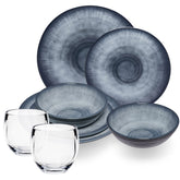 Melamin Geschirr Set Jesolo Grau für 2 Personen - 8 Teile - mit klarem Trinkglas 400ml - aus Acryl Steingutoptik Campinggeschirr Camping