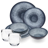Melamin Geschirr Set Jesolo Grau für 2 Personen - 8 Teile - mit klarem Trinkglas 400ml - aus Acryl Steingutoptik Campinggeschirr Camping