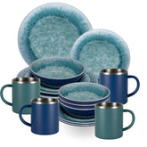 Melamin Geschirr Set Adria Blue für 4 Personen - 16 Teile Blau - mit Edelstahl Thermo Tassen Steingutoptik Essgeschirr Campingzubehör Campinggeschirr Wohnwagen Camping Festival Picknick Gaertenparty