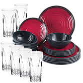 Melamin Geschirr Set Rot für 6 Personen 24 Teile mit Trinkglas klar Tonoptik - Essgeschirr Acryl Wasserglas - Campinggeschirr